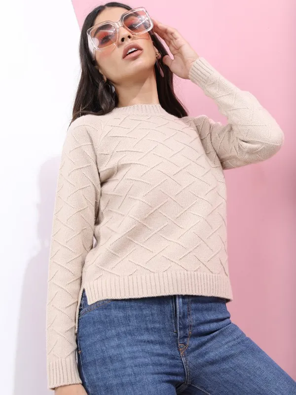  Tokyo Talkies Women Beige Round Neck Sweaters