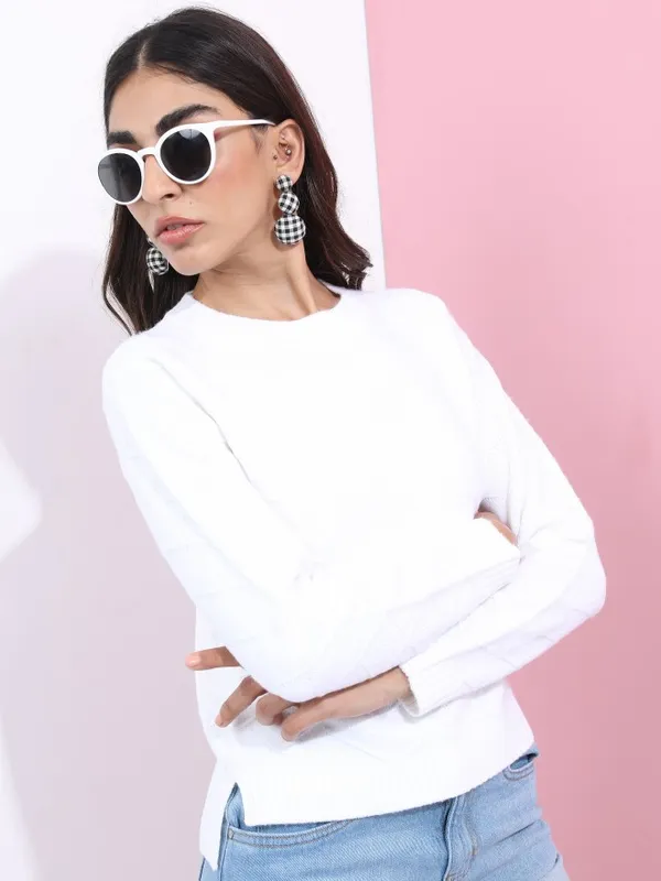  Tokyo Talkies Women White Round Neck Sweaters