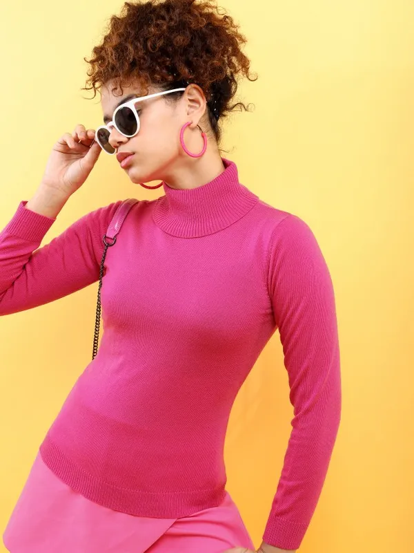  Tokyo Talkies Women Pink Turtle Neck Sweaters
