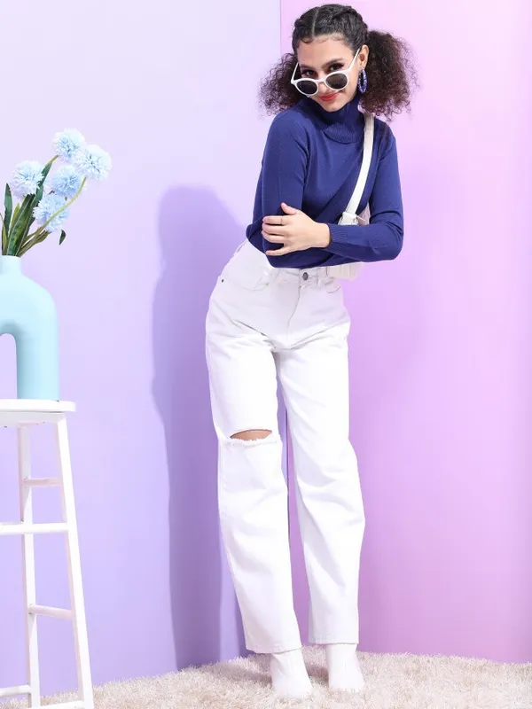  Tokyo Talkies Women Navy Blue Turtle Neck Sweaters