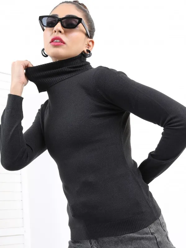 Ketch Women Black Turtle Neck Sweaters