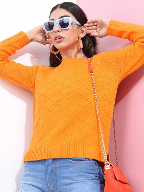 Tokyo Talkies Women Orange Round Neck Sweaters