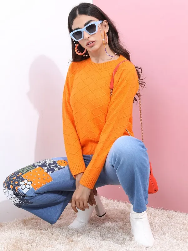 Tokyo Talkies Women Orange Round Neck Sweaters