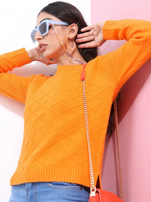 Tokyo Talkies Women Orange Round Neck Sweaters