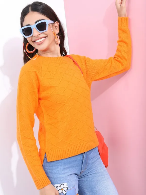 Tokyo Talkies Women Orange Round Neck Sweaters