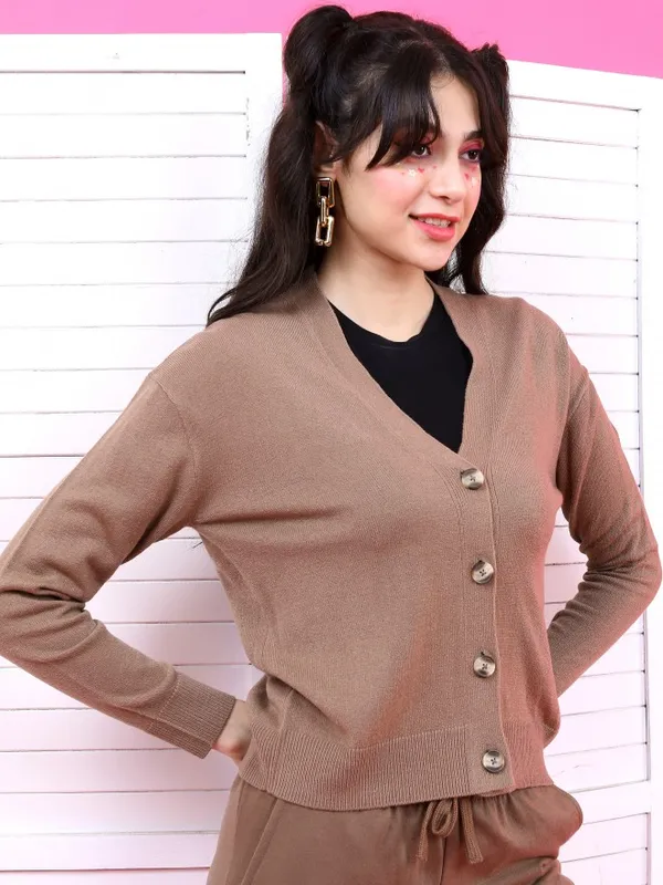 Tokyo Talkies Women Brown V Neck Sweaters