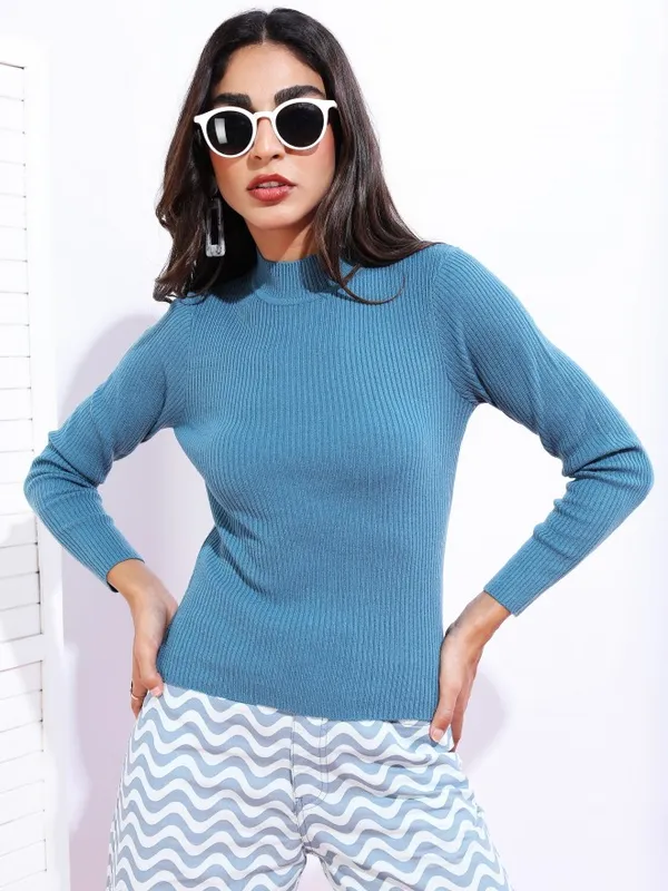  Ketch Women Blue Round Neck Sweaters