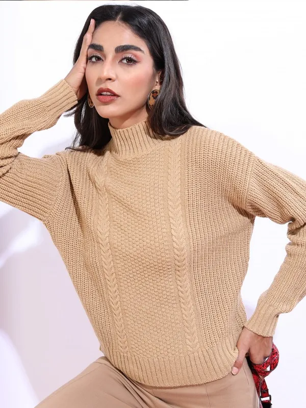 Tokyo Talkies Women Beige High Neck Sweaters