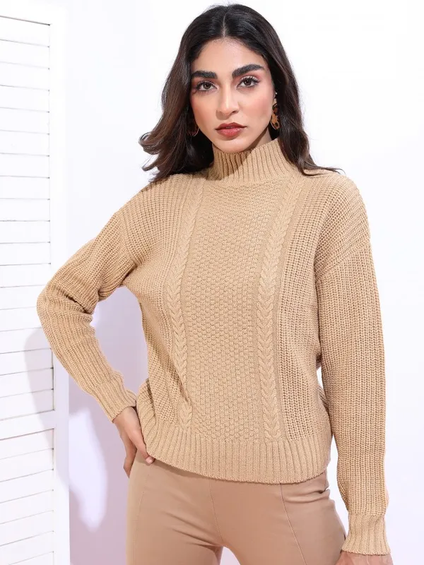 Tokyo Talkies Women Beige High Neck Sweaters
