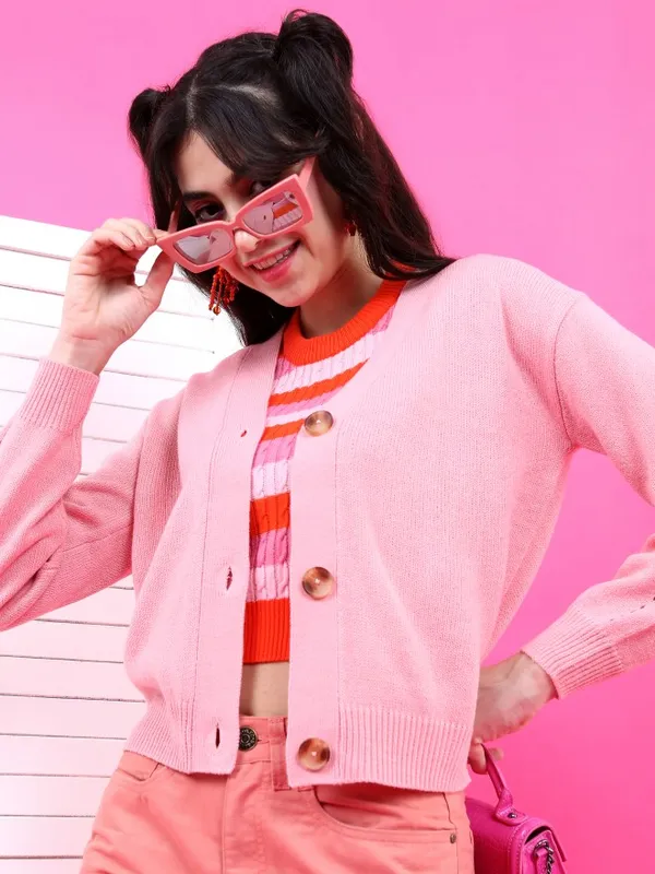  Tokyo Talkies Women Pink V-Neck Sweaters