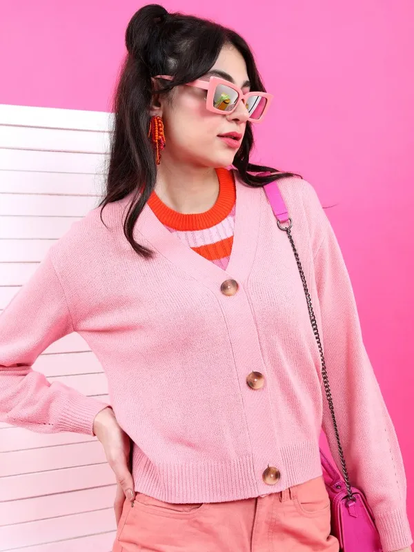  Tokyo Talkies Women Pink V-Neck Sweaters