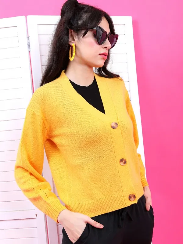 Tokyo Talkies Women Mustard V Neck Sweaters