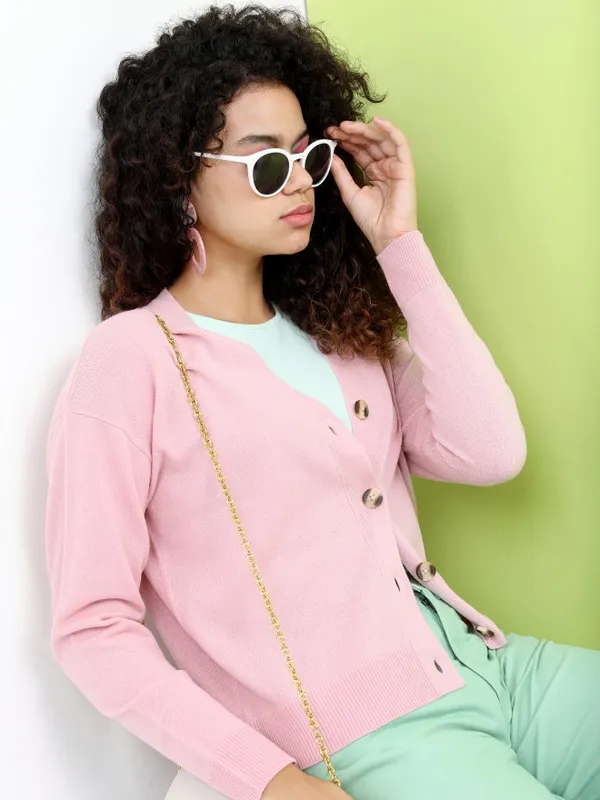Tokyo Talkies Women Pink V Neck Sweaters