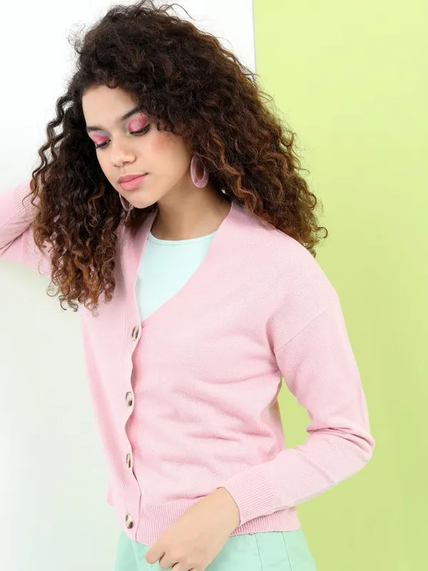 Tokyo Talkies Women Pink V Neck Sweaters