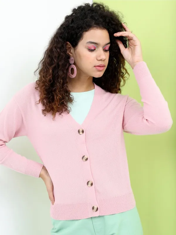 Tokyo Talkies Women Pink V Neck Sweaters