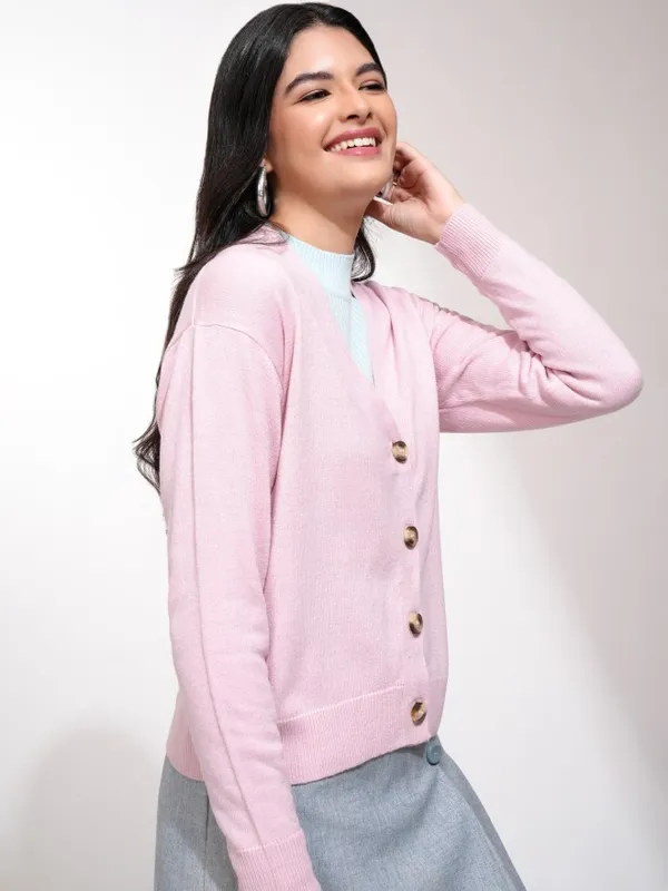 Tokyo Talkies Women Pink V Neck Sweaters