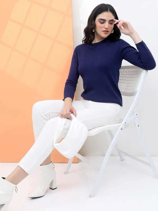  Tokyo Talkies Women Navy Blue Round Neck Sweaters