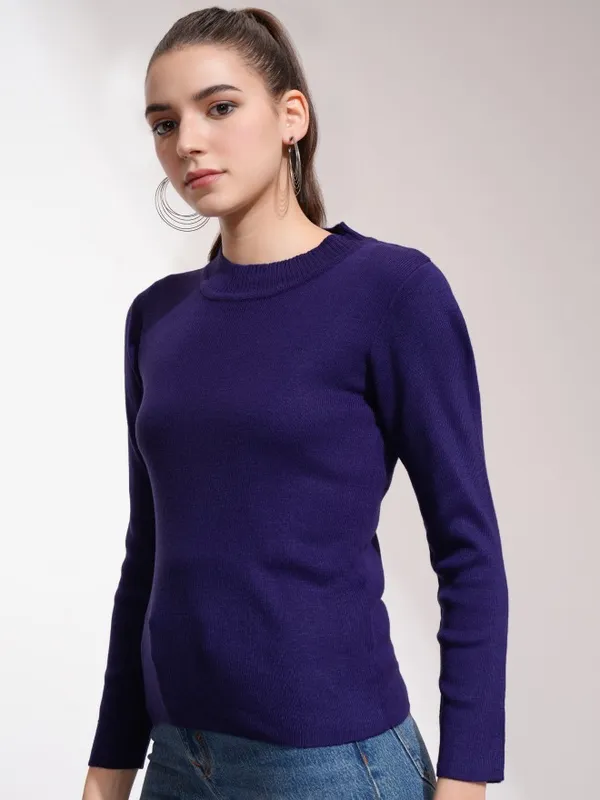  Tokyo Talkies Women Navy Blue Round Neck Sweaters