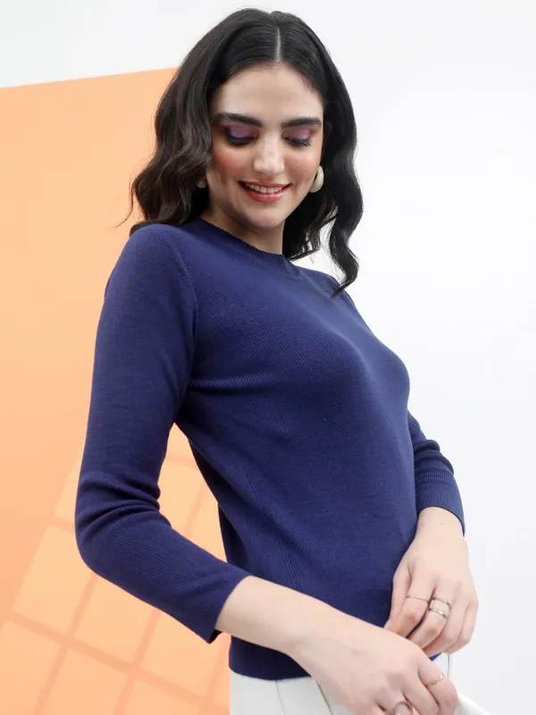  Tokyo Talkies Women Navy Blue Round Neck Sweaters