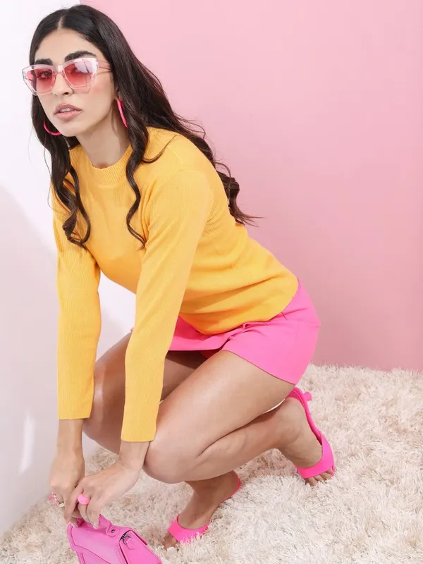  Tokyo Talkies Women Mustard Round Neck Sweaters