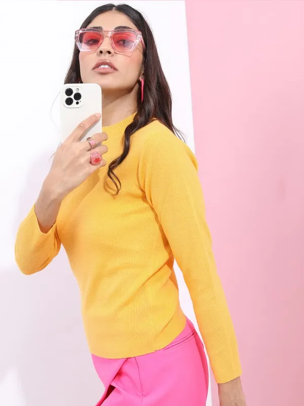  Tokyo Talkies Women Mustard Round Neck Sweaters