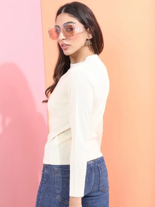  Tokyo Talkies Women Beige Round Neck Sweaters