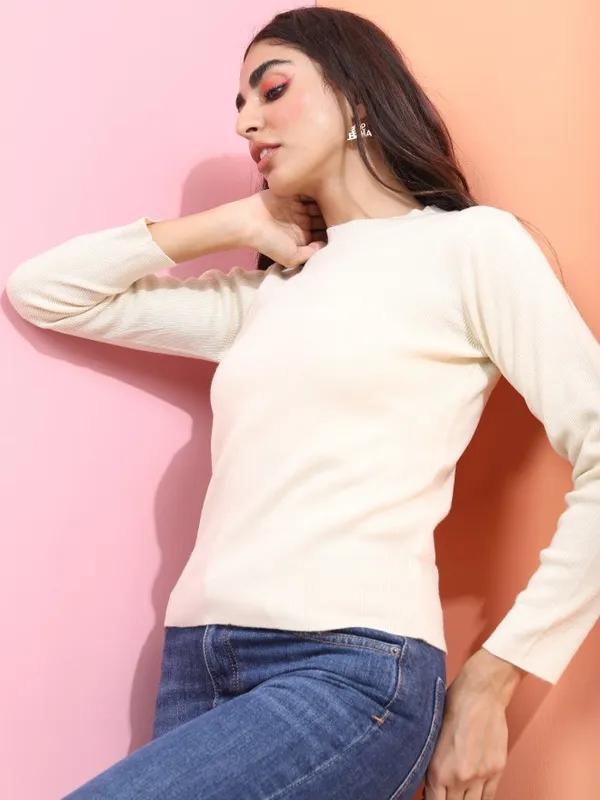  Tokyo Talkies Women Beige Round Neck Sweaters