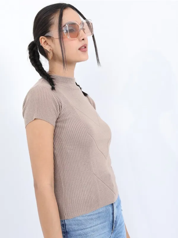 Ketch Women Beige Round Neck Sweaters