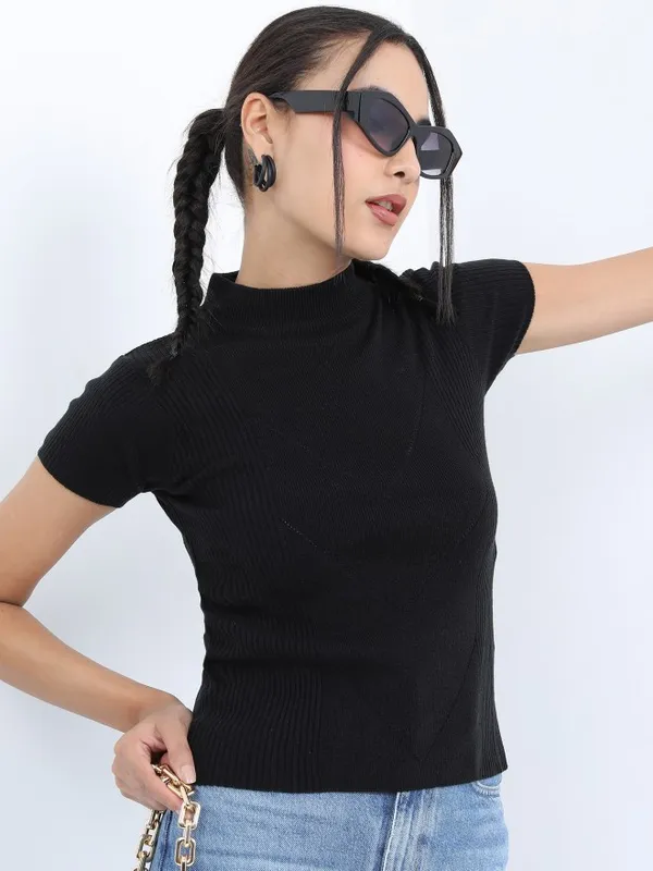  Ketch Women Black Round Neck Sweaters