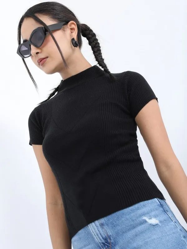  Ketch Women Black Round Neck Sweaters