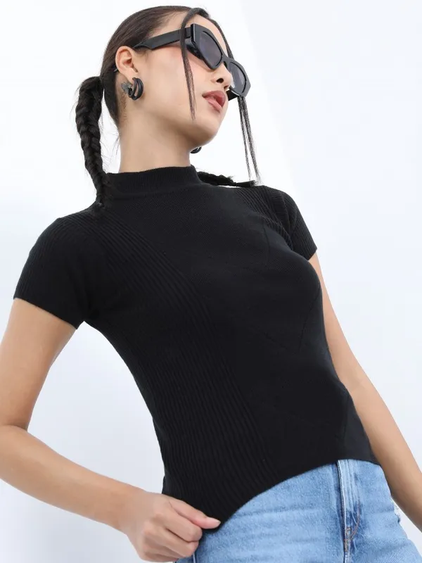  Ketch Women Black Round Neck Sweaters