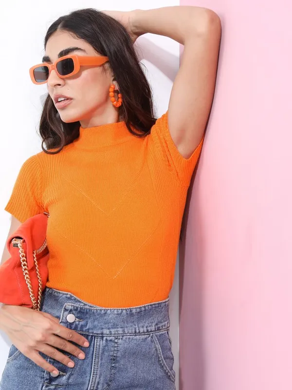  Ketch Women Orange Round Neck Sweaters