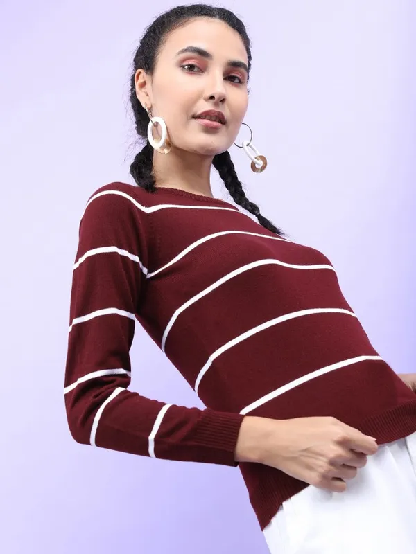  Tokyo Talkies Women Maroon Round Neck Sweaters