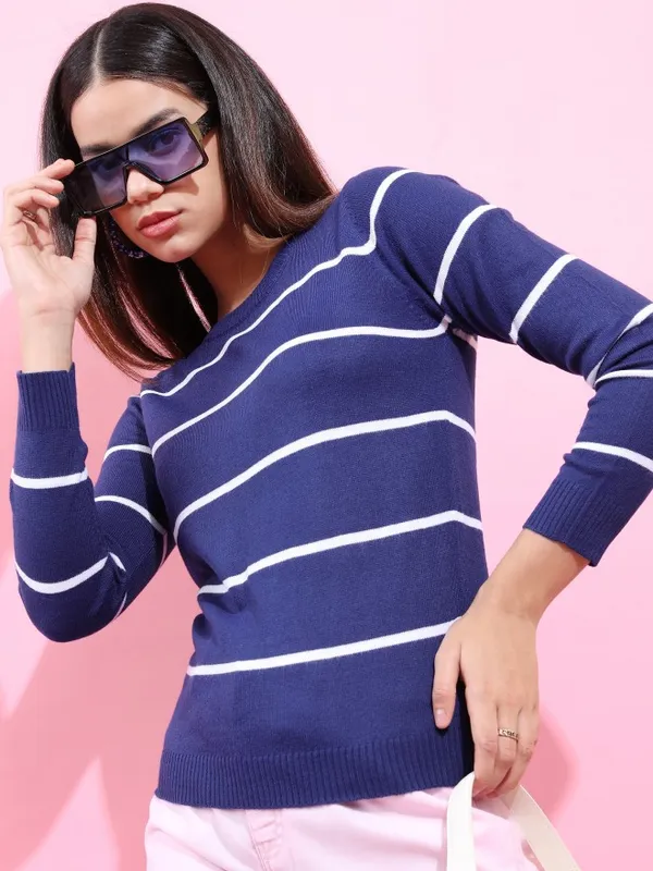  Tokyo Talkies Women Navy Blue Round Neck Sweaters