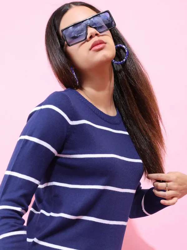 Tokyo Talkies Women Navy Blue Round Neck Sweaters