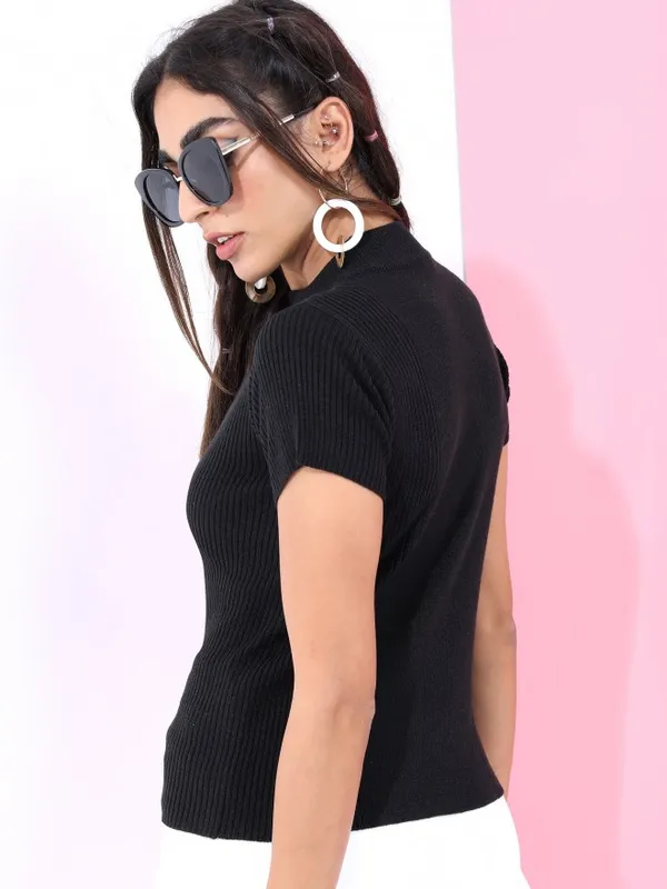 Tokyo Talkies Women Black Mock Collar Sweaters