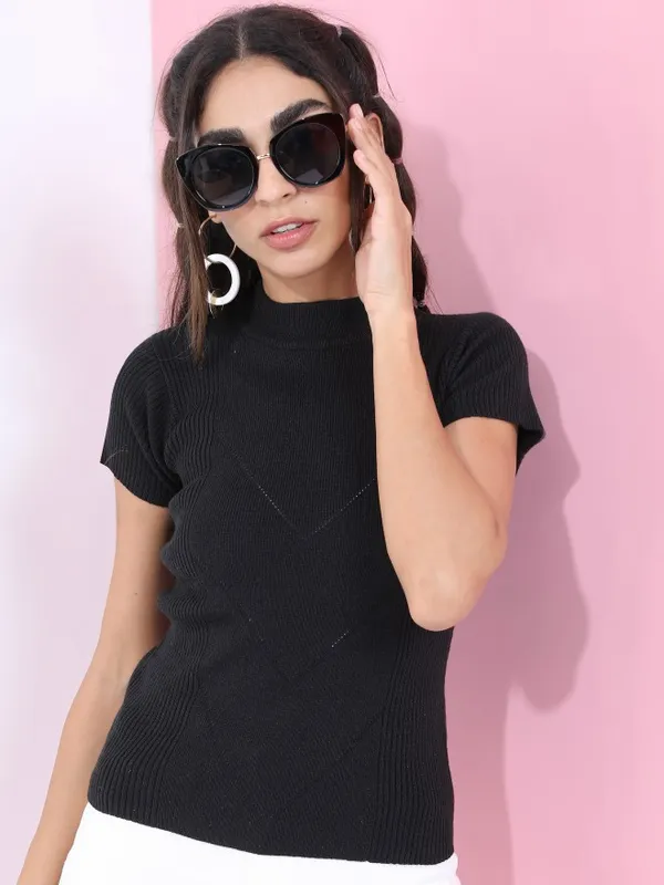 Tokyo Talkies Women Black Mock Collar Sweaters