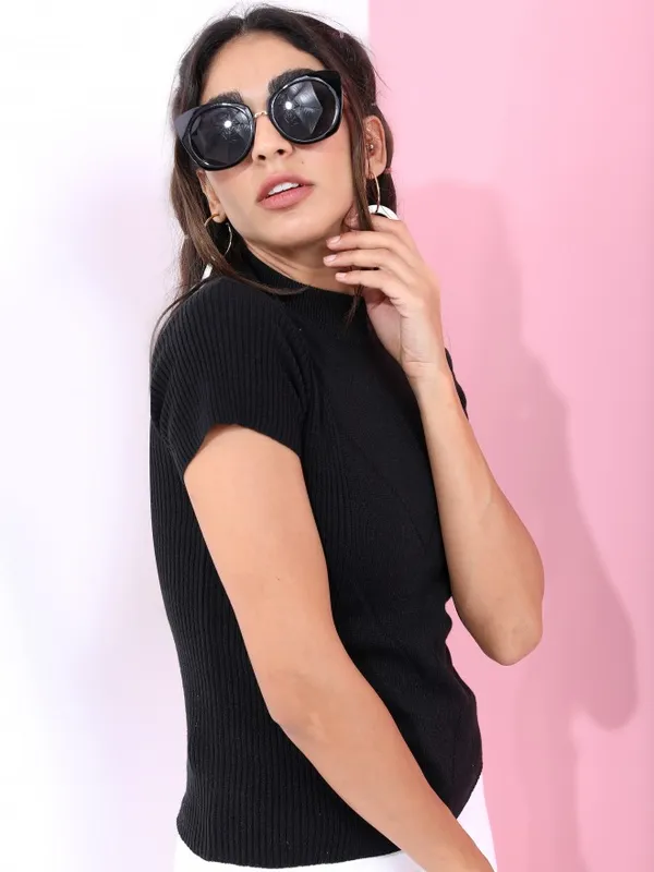 Tokyo Talkies Women Black Mock Collar Sweaters