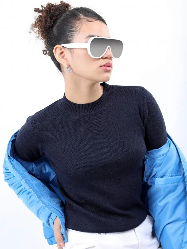  Ketch Women Navy Blue Round Neck Sweaters