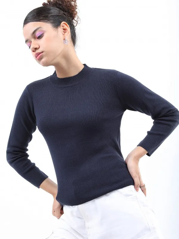  Ketch Women Navy Blue Round Neck Sweaters