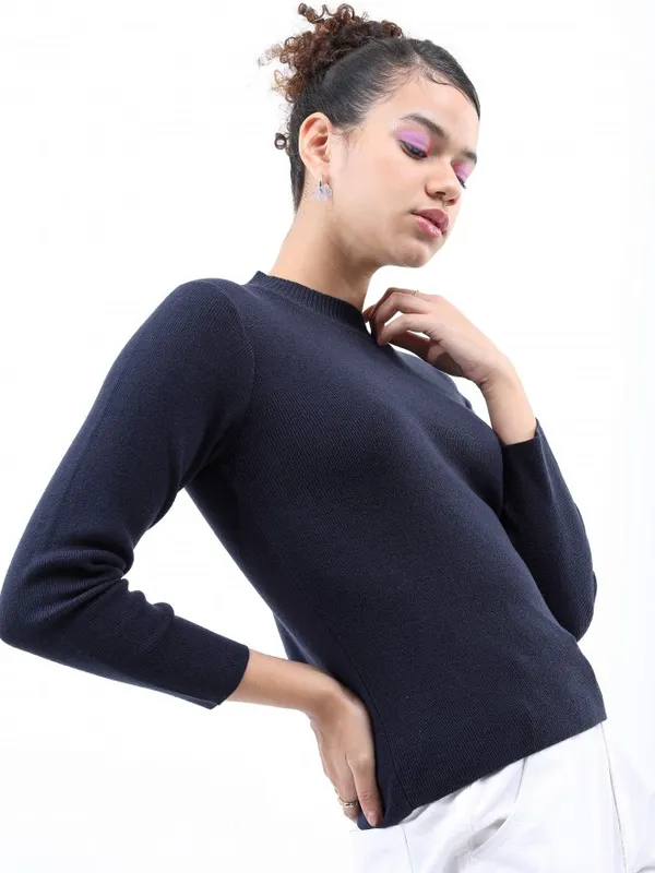  Ketch Women Navy Blue Round Neck Sweaters