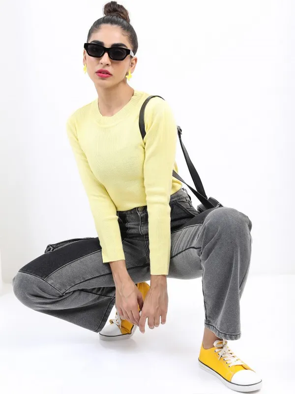  Ketch Women Yellow Round Neck Sweaters
