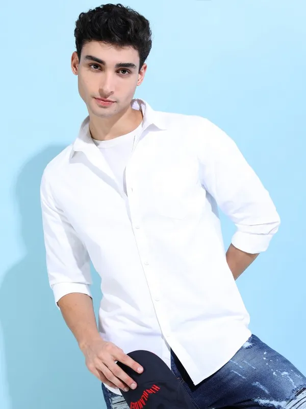  Ketch Men White Solid Slim Fit Casual Shirts
