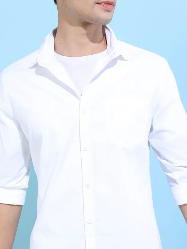  Ketch Men White Solid Slim Fit Casual Shirts