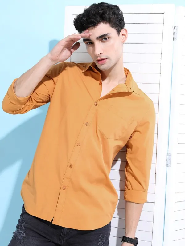  Ketch Men Yellow Solid Slim Fit Casual Shirts