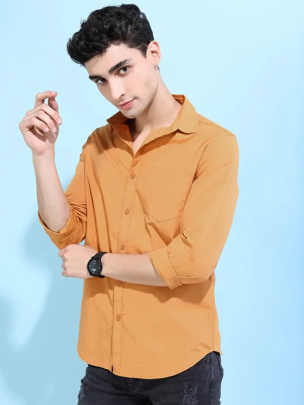  Ketch Men Yellow Solid Slim Fit Casual Shirts