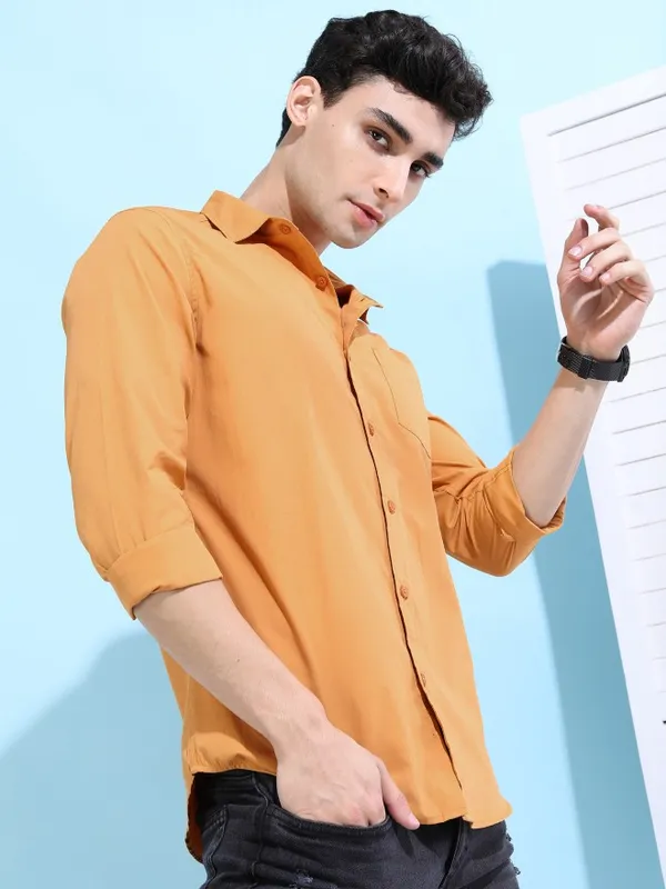 Ketch Men Yellow Solid Slim Fit Casual Shirts