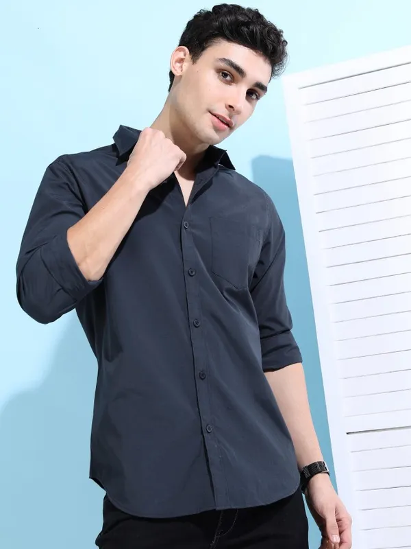  Ketch Men Blue Solid Slim Fit Casual Shirts