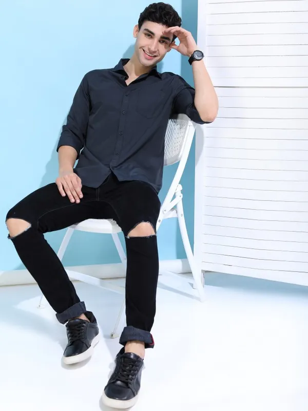  Ketch Men Blue Solid Slim Fit Casual Shirts