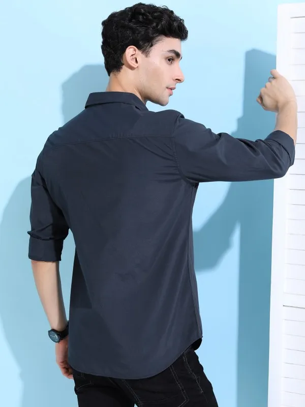  Ketch Men Blue Solid Slim Fit Casual Shirts